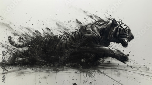 Abstract ink illustration of a tiger black and white background	