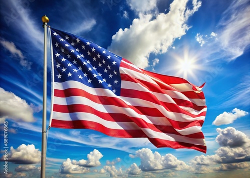 Vibrant stars and stripes of the American flag waving gently in the breeze against a bright blue sky with soft white clouds. photo