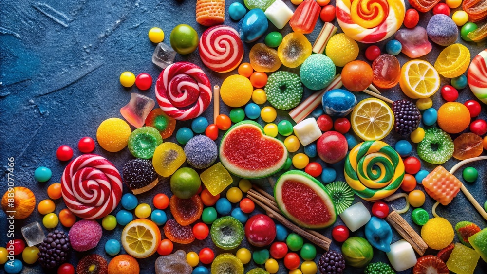 Fototapeta premium Vibrant top view of assorted colourful sweets, gummies, and candies arranged on a dark blue background, forming a visually appealing multicolour sweet food banner.