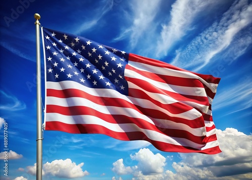 Vibrant American flag waving in clear blue sky, gentle breeze creating soft folds, symbolizing freedom and patriotism on Memorial Day, Independence Day, and Labor Day. photo