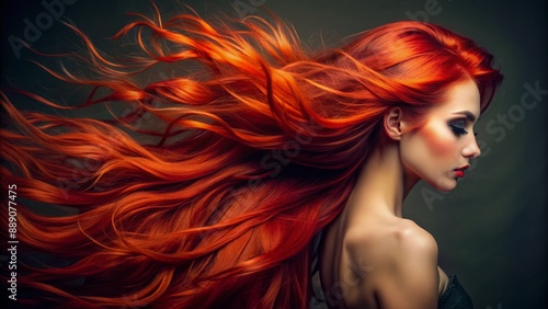 Vibrant red locks cascade down a elegant, beautiful woman's back, her striking features captured in a stunning portrait, highlighting her majestic, flowing hairstyle.