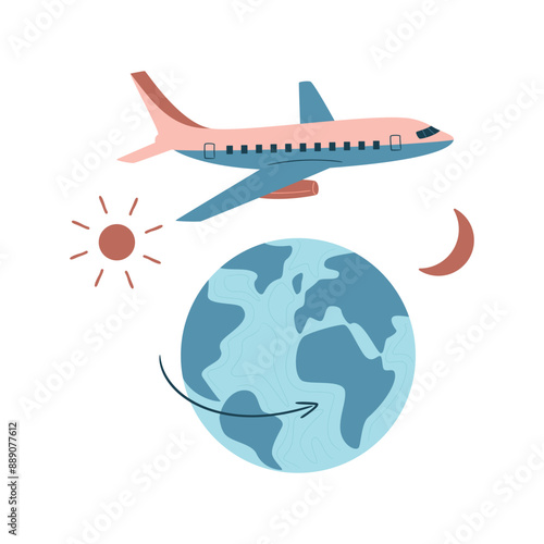 Jet lag concept, abstract metaphor. Globe and plane flying over it. Time zones crossing. Sleep disorder. Time zones change due to international flight. Day and night. Isolated vector illustration