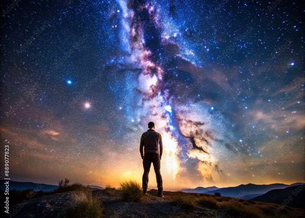 Man Standing Under night sky and stars shine in backgrounds. Man Standing Under night sky and stars shine in backgrounds.