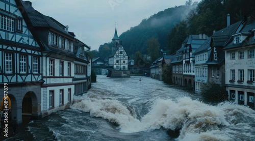 A wide shot of the river Lowo in Germany, massive water flow and flood in an old town. The building on one side is white with black roof and has two towers photo