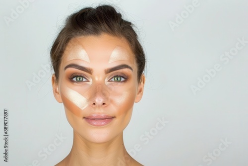 Portrait of a woman with contour makeup applied, highlighting facial features with light and dark shades.