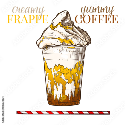 Creamy frappe, yummy coffee. Hand drawn vector coffee with cream, foam and syrup. Drink asset ready to use and easy to edit.