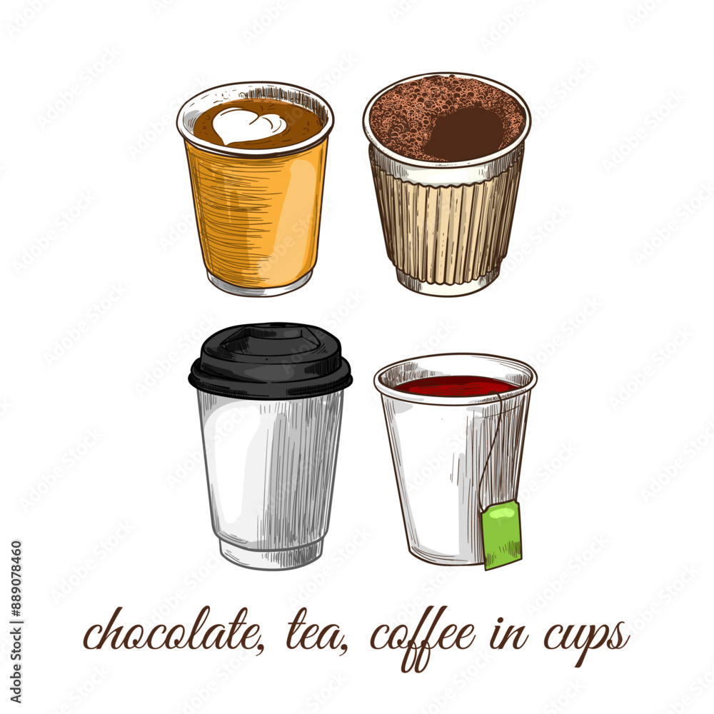 Vector hand drawn paper cups with beverages such as tea, coffee, cappuccino. Heart on a foam. Drinks assets ready to use and easy to edit. Vector hand drawn paper cups with beverages such as tea, coffee, cappuccino. Heart on a foam. Drinks assets ready to use and easy to edit.