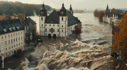 A wide shot of the river Lowo in Germany, massive water flow and flood in an old town. The building on one side is white with black roof and has two towers photo