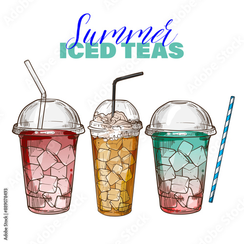 Vector hand drawn beverages with ice cubes in plastic cup with lid and straws. Summer ice teas. Drinks assets ready to use and easy to edit.