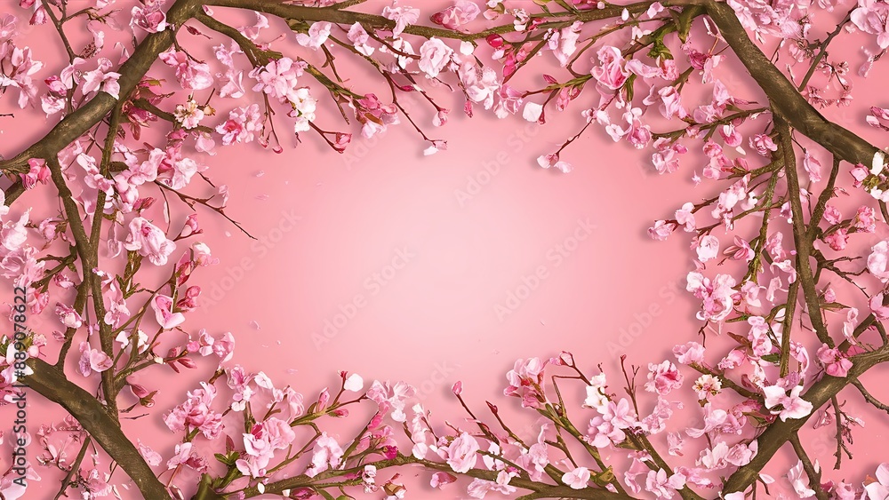 Creative top view cherry tree blooming flowers frame pattern on millennial pink background Creative top view cherry tree blooming flowers frame pattern on millennial pink background