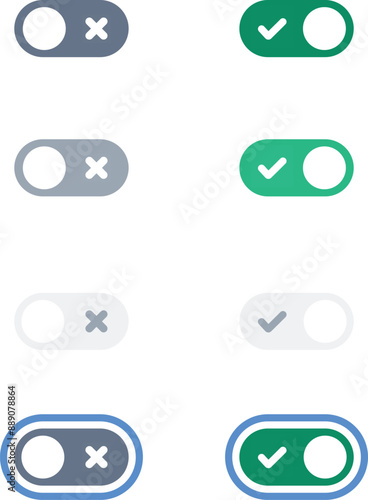 On and Off toggle switch buttons. Green active state and grey inactive state color button set for mobile app and social media. correct and wrong way with tick and cross. Vector illustration
