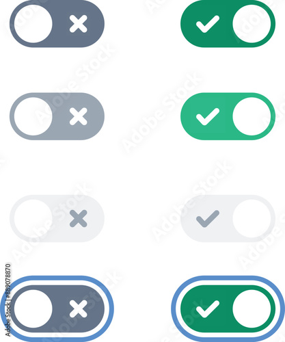 On and Off toggle switch buttons. Green active state and grey inactive state color button set for mobile app and social media. correct and wrong way with tick and cross. Vector illustration