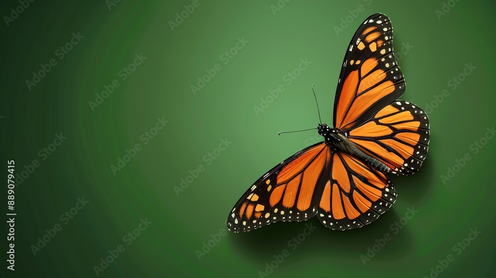 Fototapeta premium A monarch butterfly with open wings on a green background.