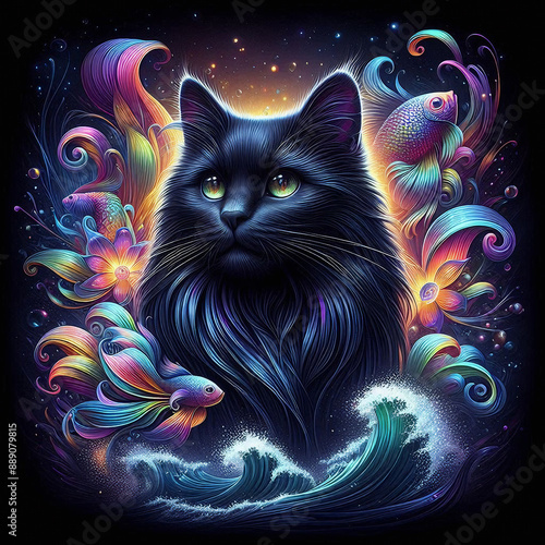 Fantasy. A fabulous, black cat dives into the ocean and dreams among many cool fish and beautiful sea flowers. Fairy tale. Dreams. A fabulous dream of a cat among beautiful fish and algae