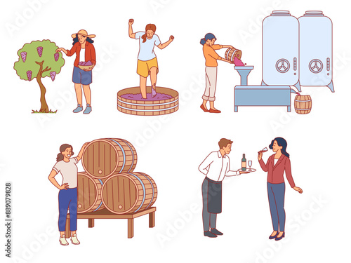 Wine production. People grow grapes, noble alcoholic drink, fermentation process, winemakers and sommeliers, , vines, natural winery product in oak barrels cartoon flat isolated vector set