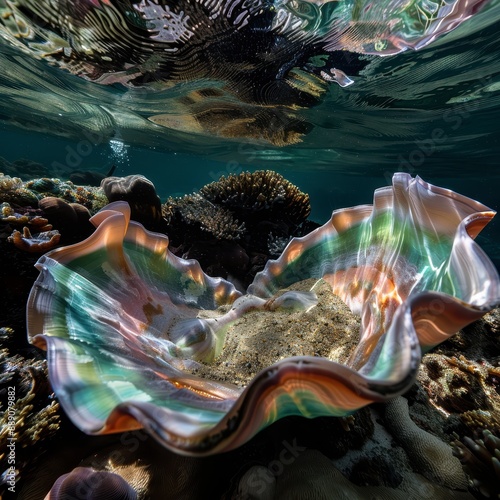 Giant clam opening to reveal a hidden treasure, mysterious underwater scene, detailed exoticism photo