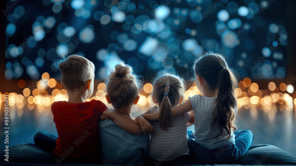 A group of children are sitting on a couch and watching a movie A group of children are sitting on a couch and watching a movie