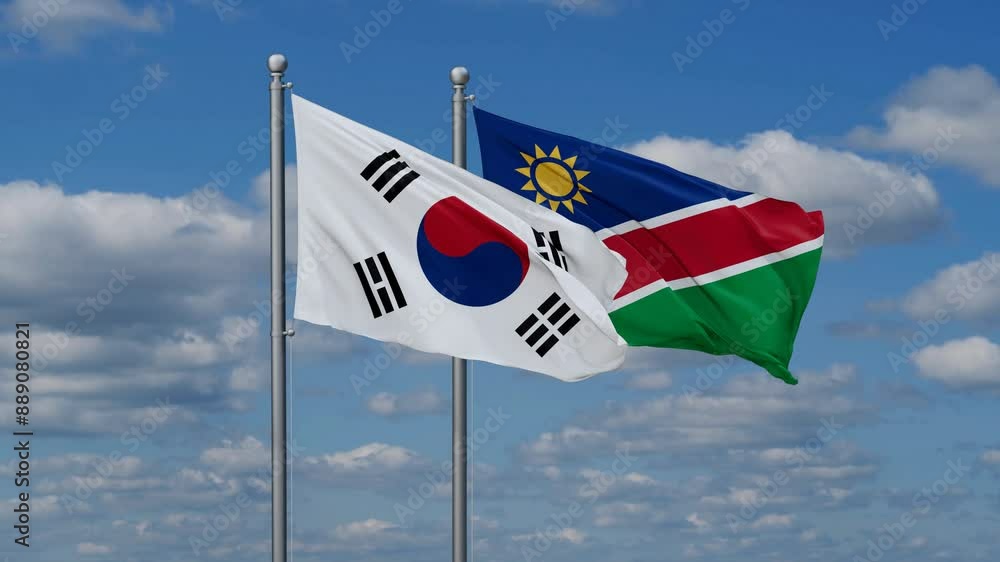 South Korea and Namibia flags flying together, video concept of the relationship, two country relations concept South Korea and Namibia flags flying together, video concept of the relationship, two country relations concept