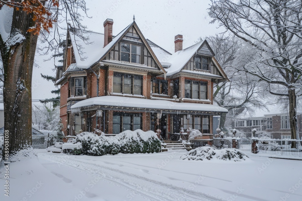 House in Winter. Snow-covered Typical American Home in City Street House in Winter. Snow-covered Typical American Home in City Street