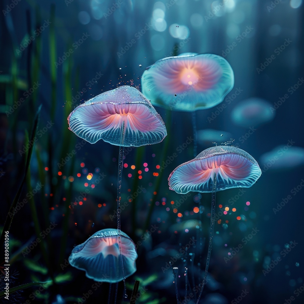 Obraz premium Submerged forest with glowing fungi and fish, enchanting underwater landscape, realistic and exotic