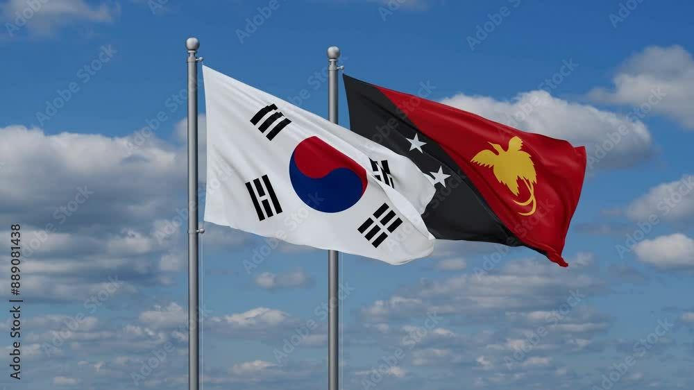 Papua New Guinea and South Korea flags flying together, video concept of the relationship, two country relations concept Papua New Guinea and South Korea flags flying together, video concept of the relationship, two country relations concept