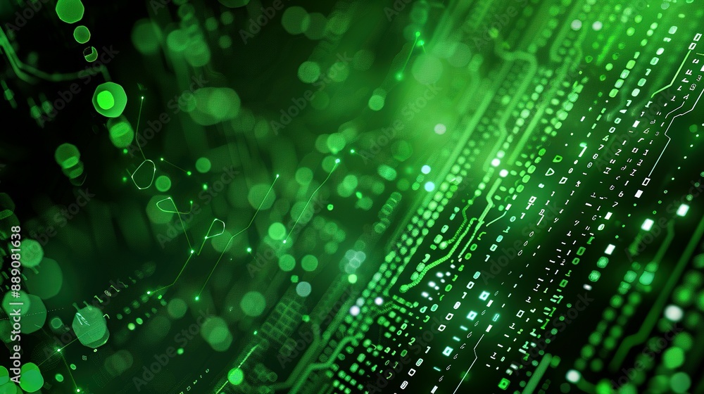 Glowing Green Circuit Board with Binary Code and Glowing Dots Glowing Green Circuit Board with Binary Code and Glowing Dots