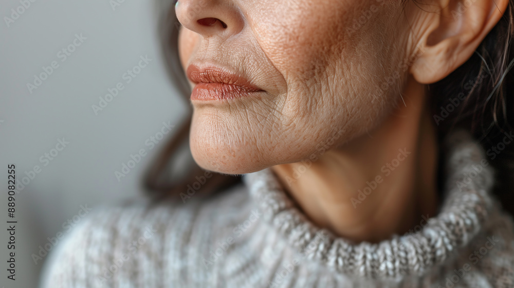 Obraz premium Venus rings horizontal on neck, age-related skin changes, senior, gradual aging, banner with copy space