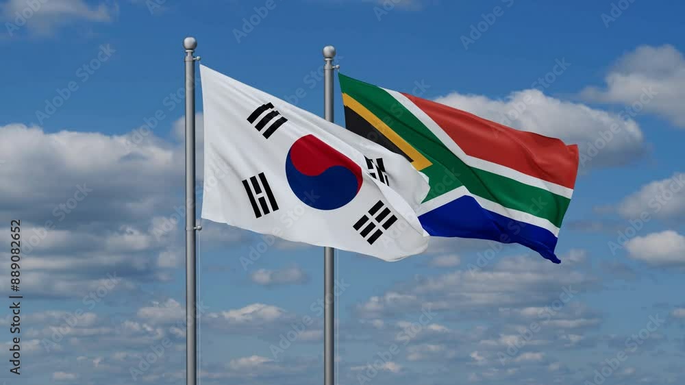 Republic of South Africa and South Korea flags flying together, video concept of the relationship, two country cooperation concept Republic of South Africa and South Korea flags flying together, video concept of the relationship, two country cooperation concept