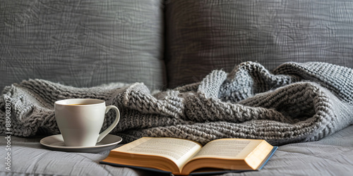 A cozy reading scene with an open book on the sofa with coffee mug and a blanket. The setting exudes warmth and comfort, perfect for relaxation. photo