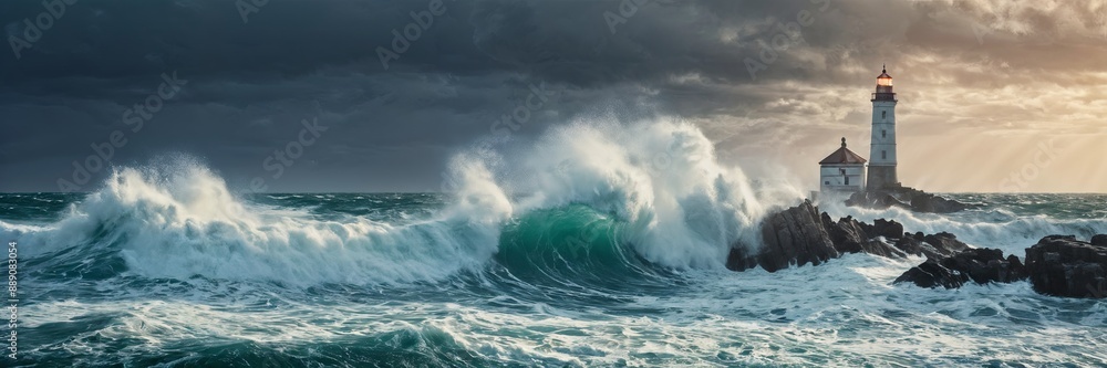 Obraz premium dynamic scene at the beach, featuring a large wave crashing against the shore. The wave, a mix of green and white, is breaking up into smaller white foam.