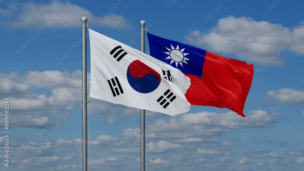 Taiwan and South Korea flags flying together, video concept of the relationship, two country cooperation concept Taiwan and South Korea flags flying together, video concept of the relationship, two country cooperation concept