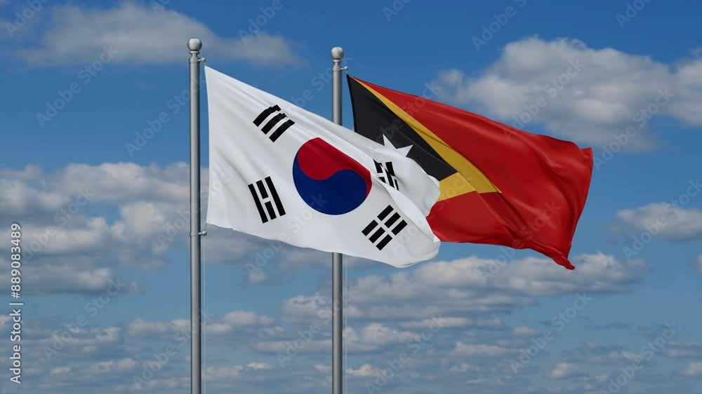 East Timor and South Korea flags flying together, video concept of the relationship, two country cooperation concept East Timor and South Korea flags flying together, video concept of the relationship, two country cooperation concept