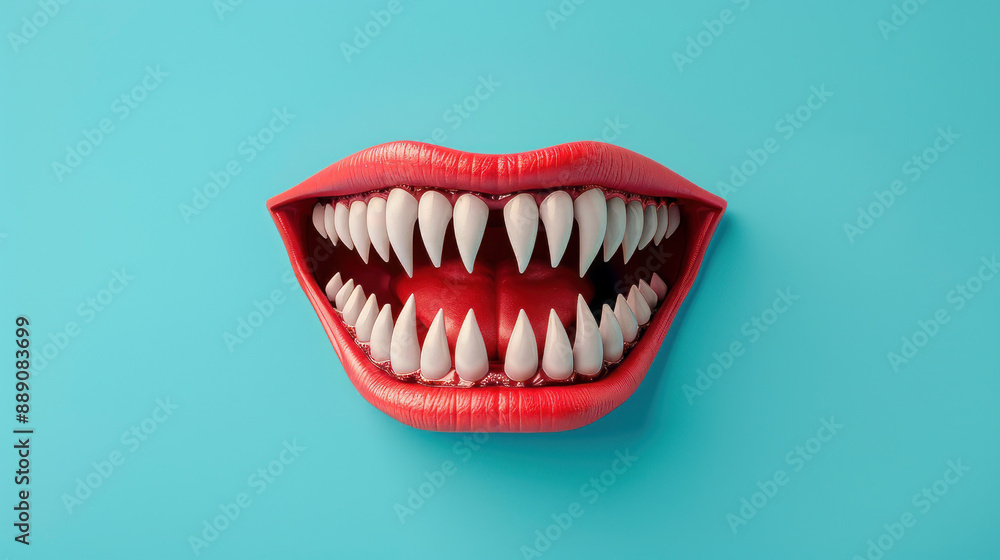 A funny vampire mouth with sharp teeth on a blue background. Perfect for Halloween cards, banners, prints, and posters. A funny vampire mouth with sharp teeth on a blue background. Perfect for Halloween cards, banners, prints, and posters.