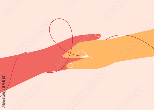 Human hands connected in  handshake with pink or red ribbon. Fight against breast cancer together. Help and support about females with oncology and HIV illnesses. Vector illustration