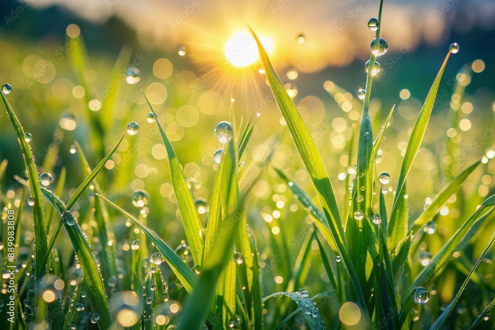 Fototapeta premium Freshly watered lush green grass blades glisten with morning dew drops, swaying gently in the breeze on a serene sunlit meadow landscape.