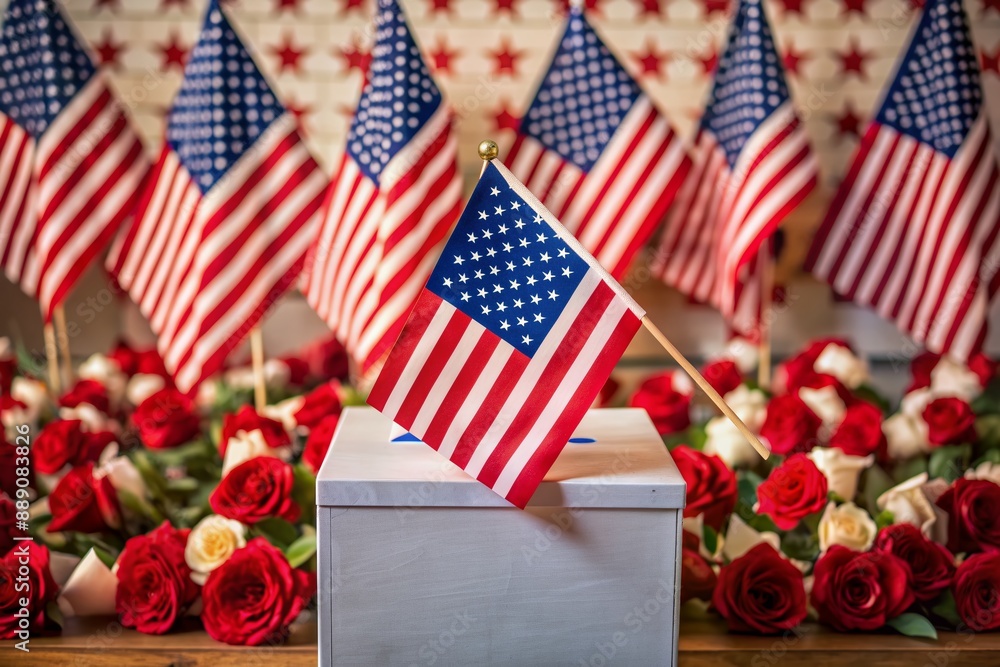 Obraz premium Ballot box with patriotic colors and stars, surrounded by miniature flags, roses, and voting booths, symbolizing citizen participation in democratic elections.