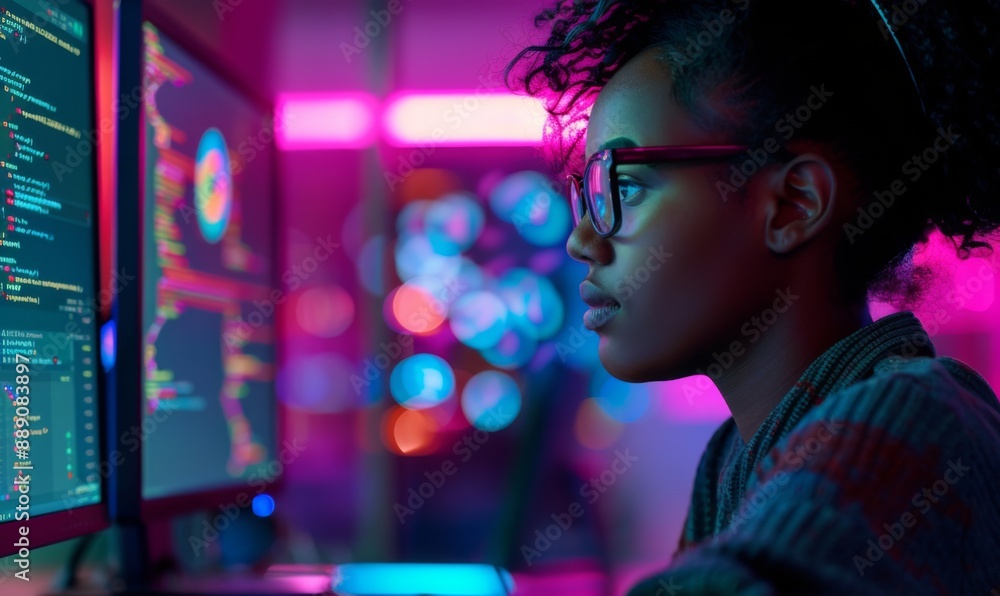 Programmer is sitting at the computer working Programmer is sitting at the computer working