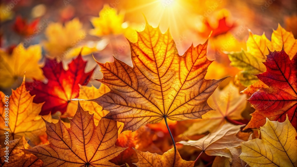 Fototapeta premium Vibrant yellow, orange, red, and brown autumn leaves mix together to create a stunning, intricate, and natural background with subtle shadows and soft focus.