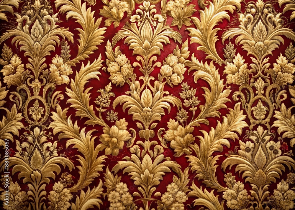 Intricately detailed damask wallpaper features ornate floral patterns on rich, velvety fabric, evoking the opulence and grandeur of a bygone royal palace era. Intricately detailed damask wallpaper features ornate floral patterns on rich, velvety fabric, evoking the opulence and grandeur of a bygone royal palace era.