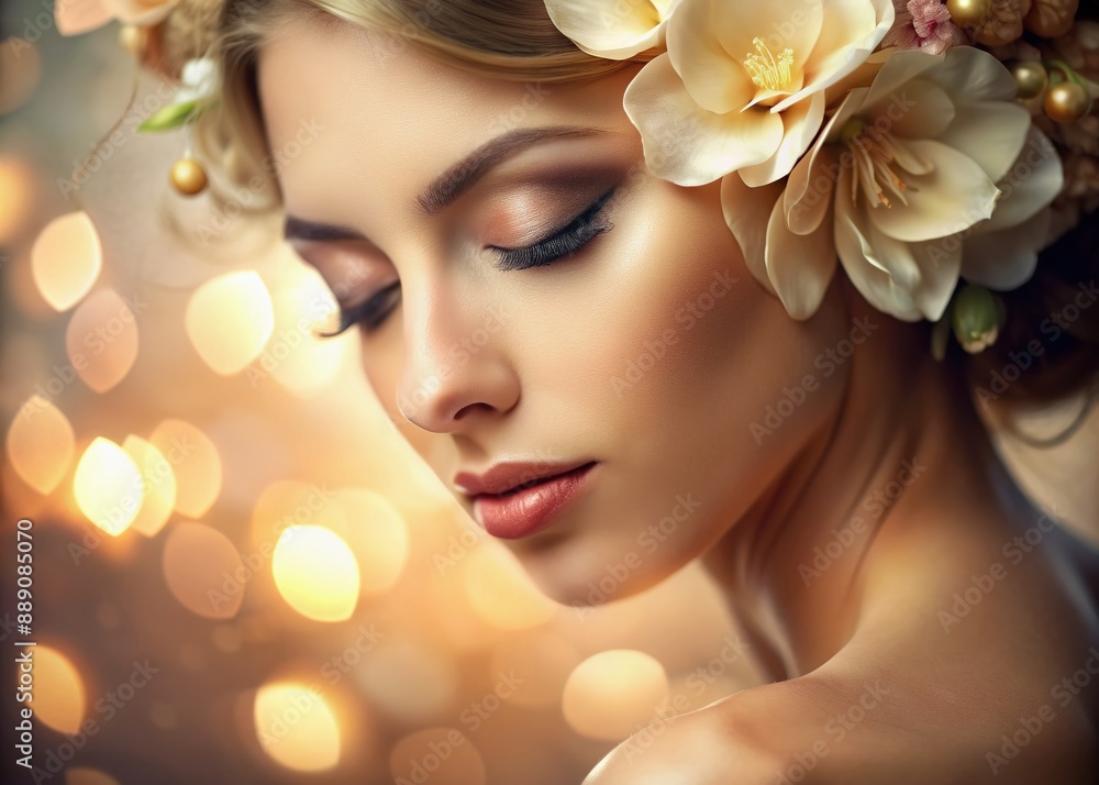 Serene silence exudes from a delicate petal-like face, soft focus and warm lighting capturing the gentle curves and quiet strength of a peaceful female features. Serene silence exudes from a delicate petal-like face, soft focus and warm lighting capturing the gentle curves and quiet strength of a peaceful female features.