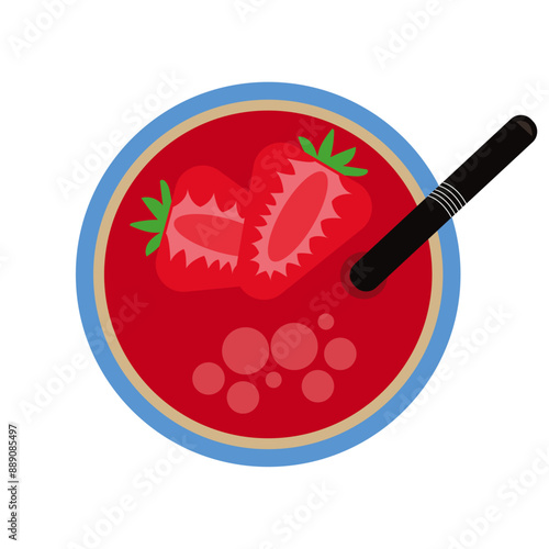 strawberry and straw. Top view. Red smoothies with strawberries