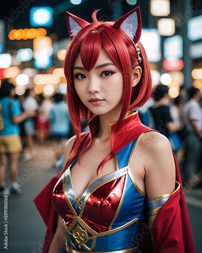 Chica asiática cosplay en una calle de ciudad
