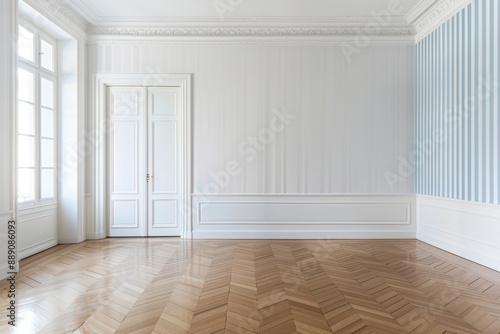A large room with a white door and a blue stripe on the wall