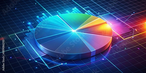 Vibrant neon pie chart segments illuminate market share distribution, surrounded by dark blue background, with subtle grid lines and faint data labels, radiating modern analytics. photo