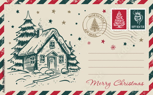 Christmas mail, postcard, hand drawn illustration.	
