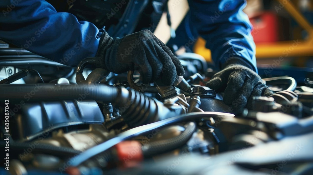 In a car repair shop, a meticulous mechanic in a blue jacket and black gloves carefully works beneath an exposed car engine, displaying mechanical parts In a car repair shop, a meticulous mechanic in a blue jacket and black gloves carefully works beneath an exposed car engine, displaying mechanical parts