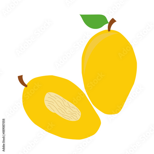 mango slice showing seed. Slice, half and whole mango fruit with leaf. 