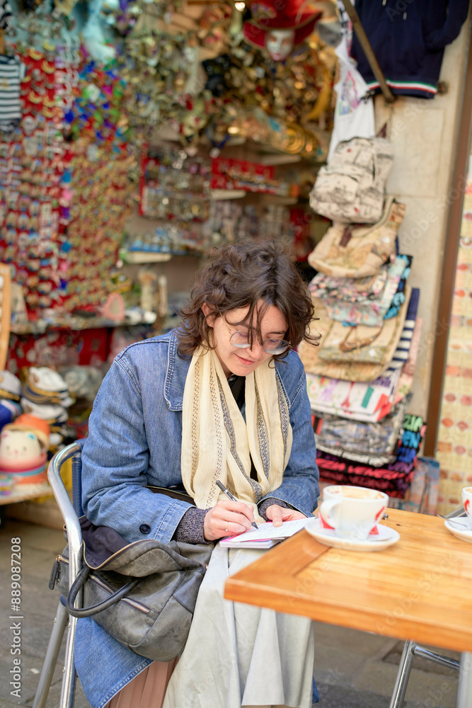 Woman writing in notebook at a quaint outdoor caf� table surrounded by colorful accessories. Woman writing in notebook at a quaint outdoor caf� table surrounded by colorful accessories.
