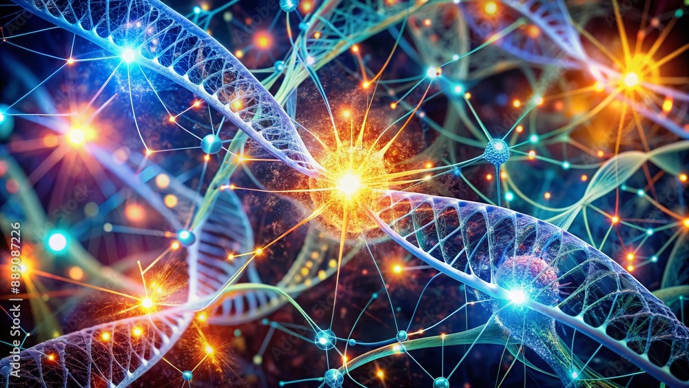 Vibrant digital neurons intertwine with intricate human DNA strands, forming a mesmerizing network of light and color, symbolizing the union of technology and biology in healthcare. Vibrant digital neurons intertwine with intricate human DNA strands, forming a mesmerizing network of light and color, symbolizing the union of technology and biology in healthcare.
