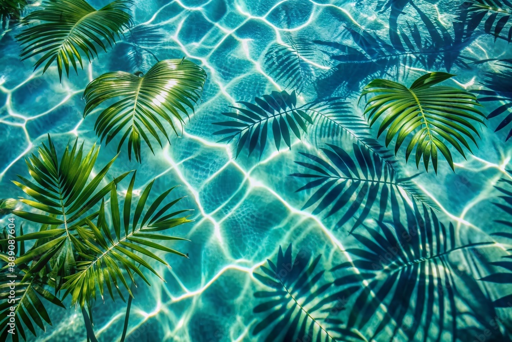 Vibrant shadows of tropical leaves dance on the sparkling surface of brilliant blue water, creating a stunning abstract background for summer getaways. Vibrant shadows of tropical leaves dance on the sparkling surface of brilliant blue water, creating a stunning abstract background for summer getaways.